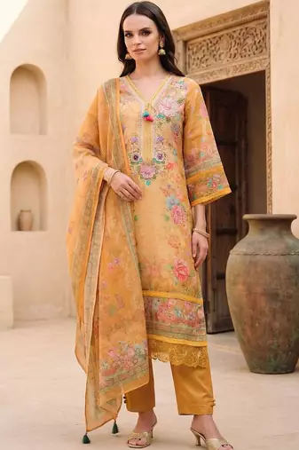 Women Floral Printed Regular Thread Work Linen Kurta with Trousers & With Dupatta