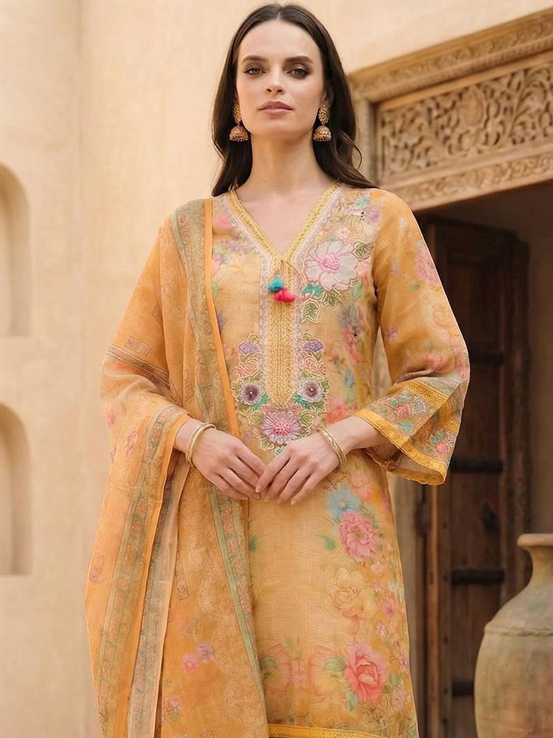 Women Floral Printed Regular Thread Work Linen Kurta with Trousers & With Dupatta