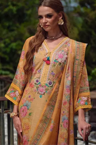 Women Floral Printed Regular Thread Work Linen Kurta with Trousers & With Dupatta