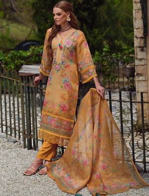 Women Floral Printed Regular Thread Work Linen Kurta with Trousers & With Dupatta 4