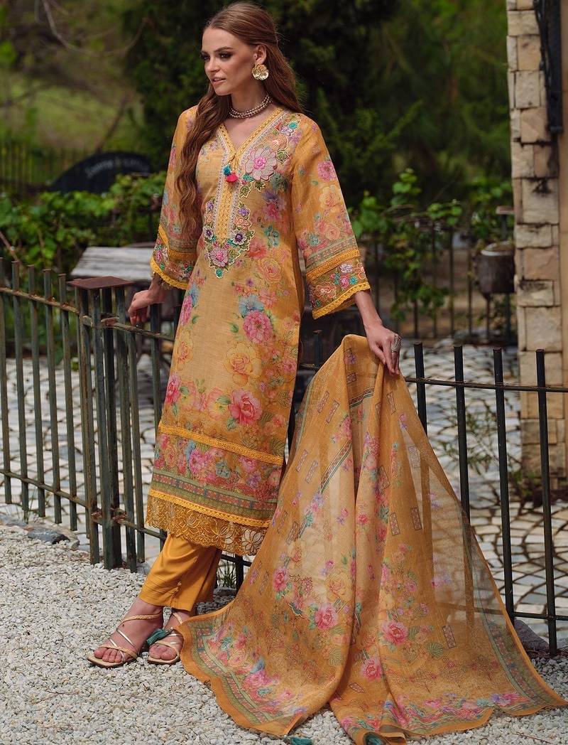 Women Floral Printed Regular Thread Work Linen Kurta with Trousers & With Dupatta