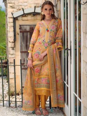 Women Floral Printed Regular Thread Work Linen Kurta with Trousers & With Dupatta 5