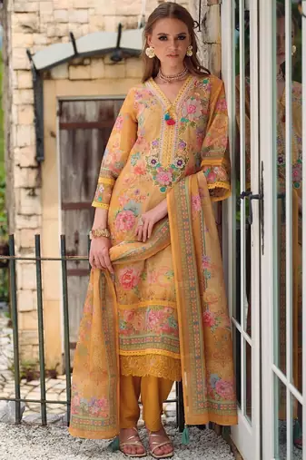Women Floral Printed Regular Thread Work Linen Kurta with Trousers & With Dupatta