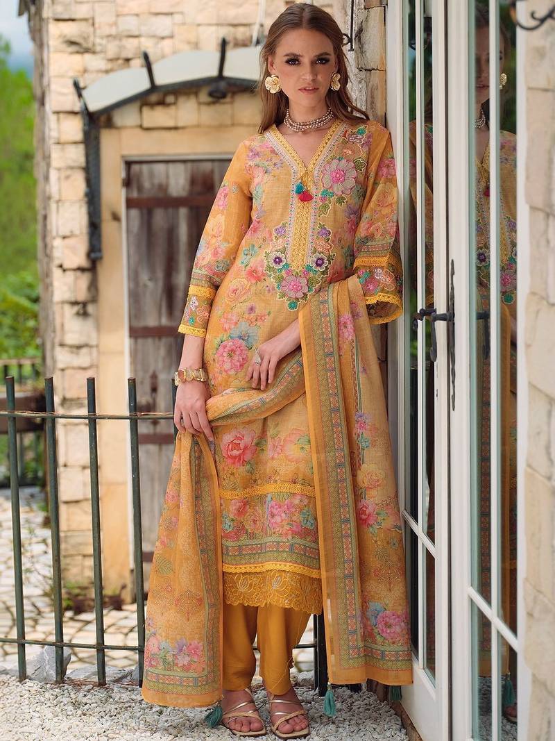 Women Floral Printed Regular Thread Work Linen Kurta with Trousers & With Dupatta