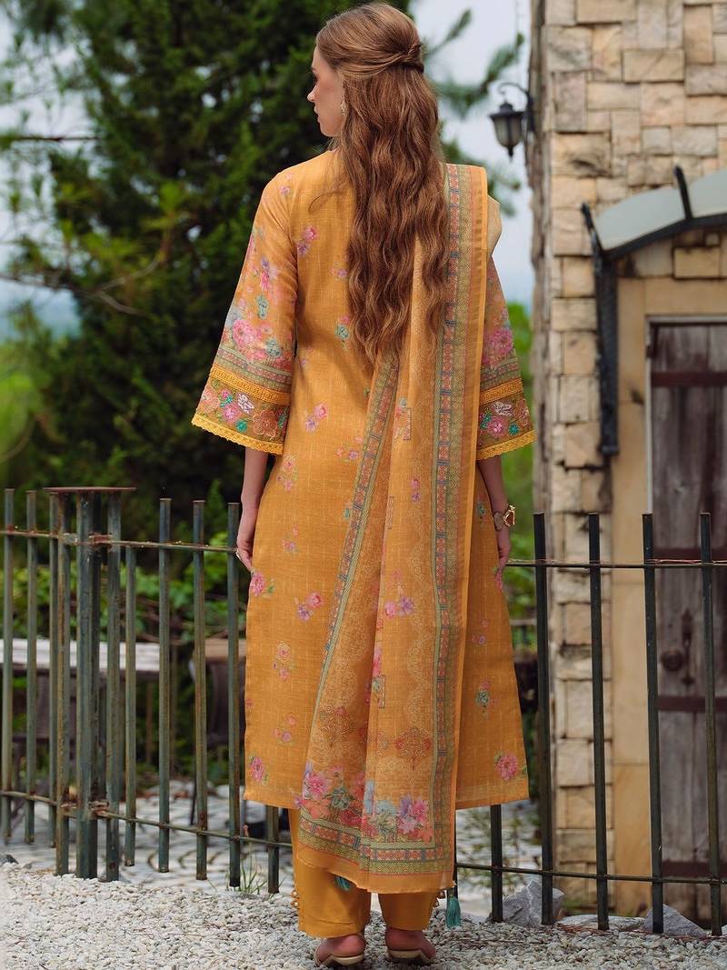 Women Floral Printed Regular Thread Work Linen Kurta with Trousers & With Dupatta