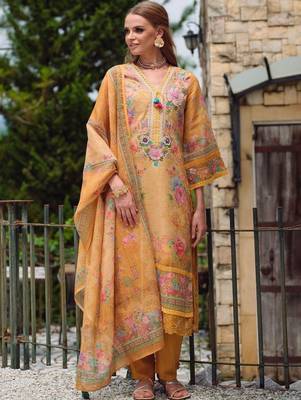 Women Floral Printed Regular Thread Work Linen Kurta with Trousers & With Dupatta 7