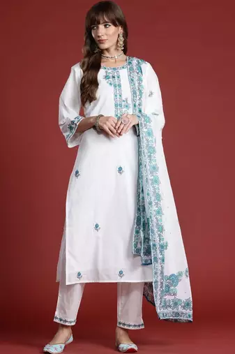 Women Floral Embroidered Regular Thread Work Pure Cotton Kurta with Trousers & With Dupatta