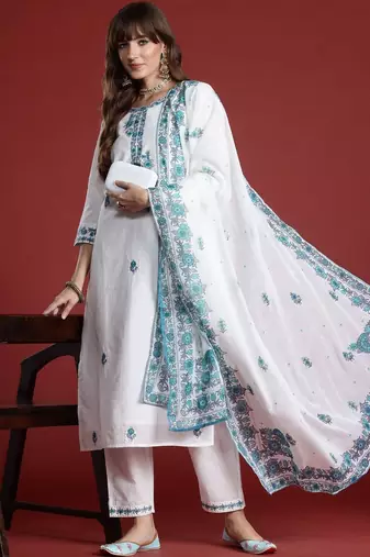 Women Floral Embroidered Regular Thread Work Pure Cotton Kurta with Trousers & With Dupatta