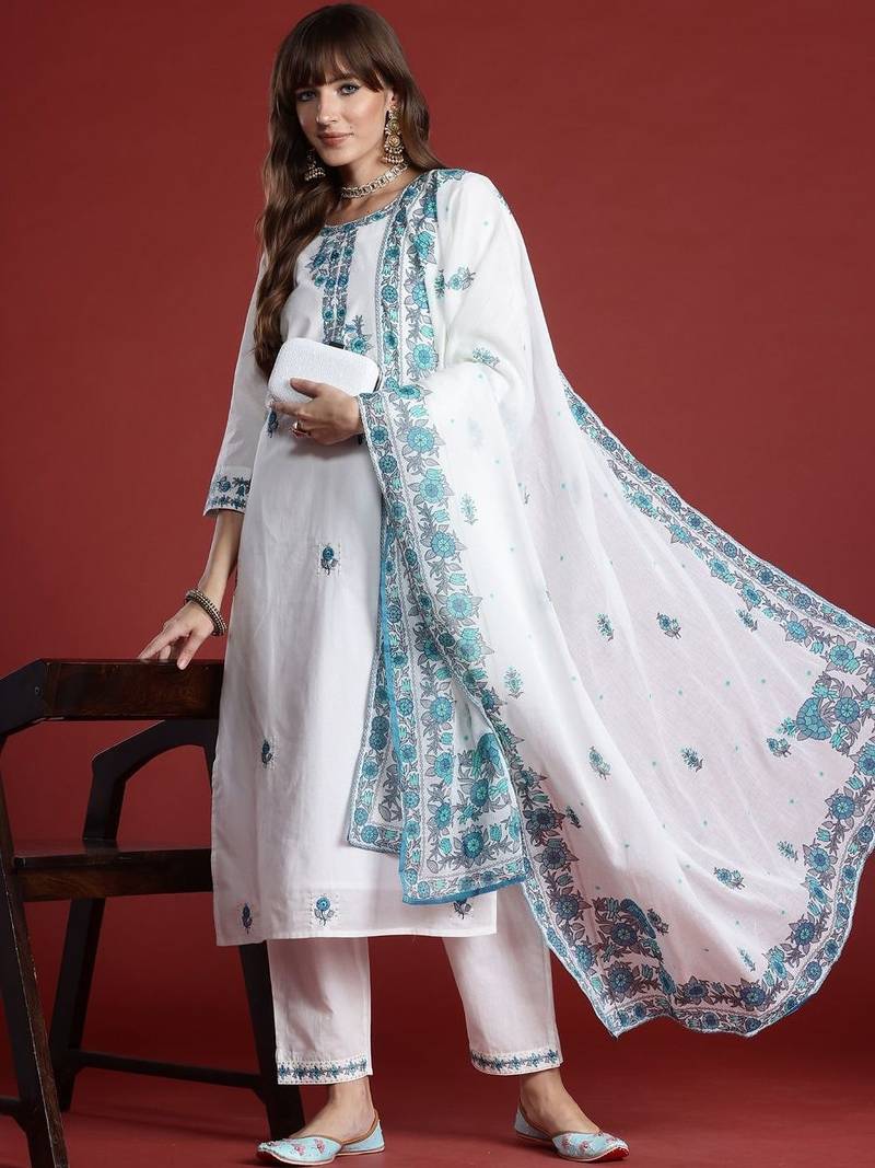 Women Floral Embroidered Regular Thread Work Pure Cotton Kurta with Trousers & With Dupatta