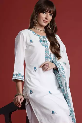 Women Floral Embroidered Regular Thread Work Pure Cotton Kurta with Trousers & With Dupatta