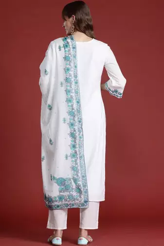 Women Floral Embroidered Regular Thread Work Pure Cotton Kurta with Trousers & With Dupatta