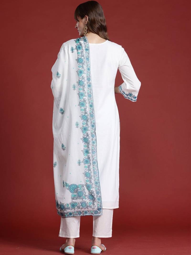 Women Floral Embroidered Regular Thread Work Pure Cotton Kurta with Trousers & With Dupatta
