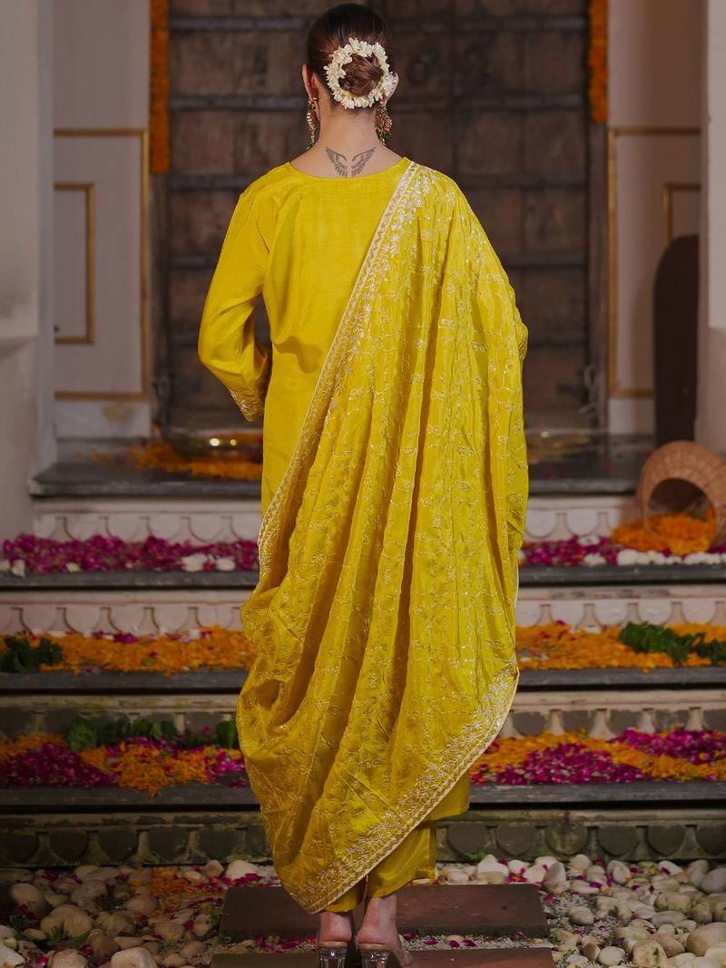 Women Ethnic Motifs Embroidered Regular Sequinned Kurta With Trouser & Dupatta
