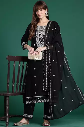 Women Ethnic Motifs Embroidered Regular Thread Work Pure Cotton Kurta with Trousers & With Dupatta