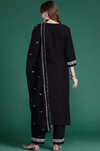 Women Ethnic Motifs Embroidered Regular Thread Work Pure Cotton Kurta with Trousers & With Dupatta