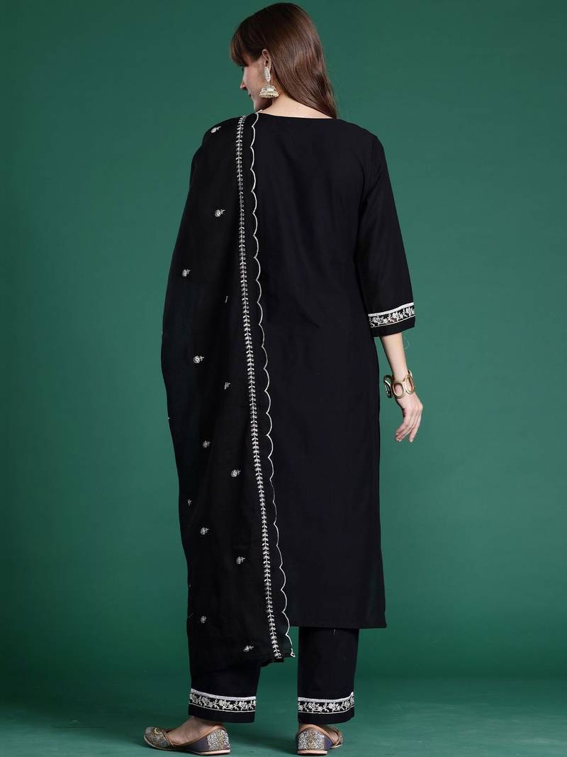 Women Ethnic Motifs Embroidered Regular Thread Work Pure Cotton Kurta with Trousers & With Dupatta