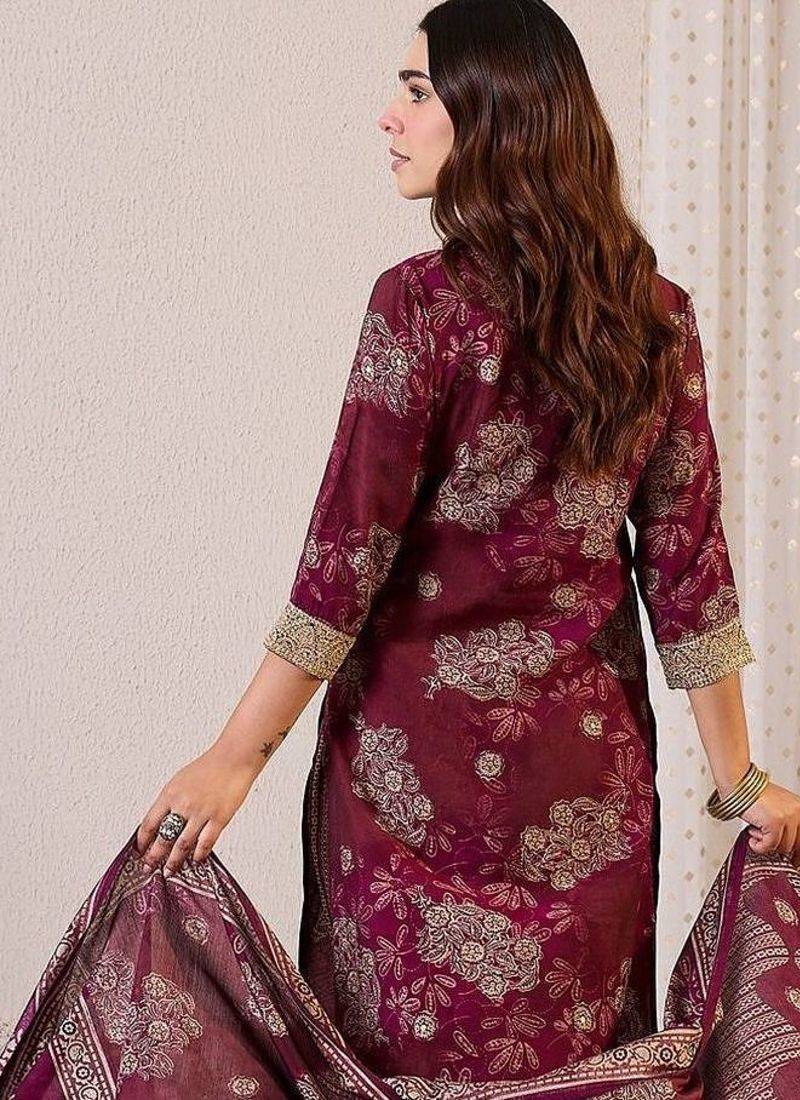 Women Floral Printed Regular Chanderi Silk Kurta with Trousers & With Dupatta