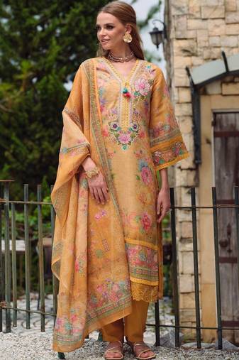 Women Floral Printed Regular Thread Work Linen Kurta with Trousers & With Dupatta