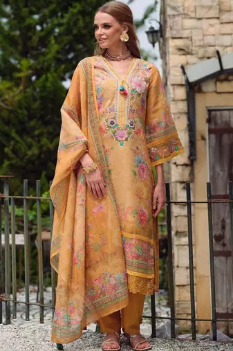 Women Floral Printed Regular Thread Work Linen Kurta with Trousers & With Dupatta