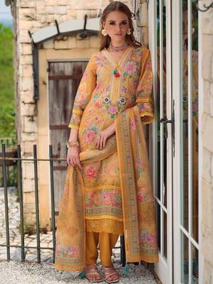 Women Floral Printed Regular Thread Work Linen Kurta with Trousers & With Dupatta 4