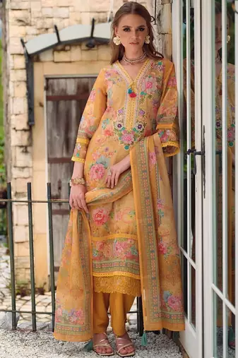 Women Floral Printed Regular Thread Work Linen Kurta with Trousers & With Dupatta