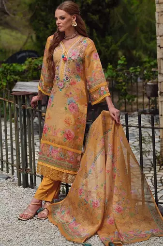 Women Floral Printed Regular Thread Work Linen Kurta with Trousers & With Dupatta