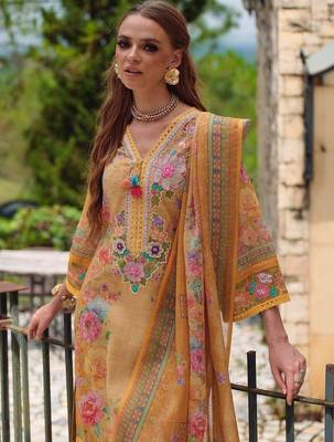 Women Floral Printed Regular Thread Work Linen Kurta with Trousers & With Dupatta 6