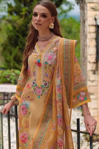 Women Floral Printed Regular Thread Work Linen Kurta with Trousers & With Dupatta