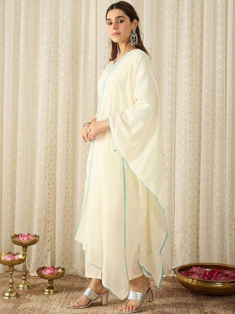 Women Floral Embroidered Regular Thread Work Pure Cotton Kurta with Trousers & With Dupatta