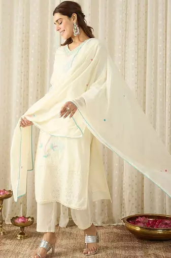 Women Floral Embroidered Regular Thread Work Pure Cotton Kurta with Trousers & With Dupatta