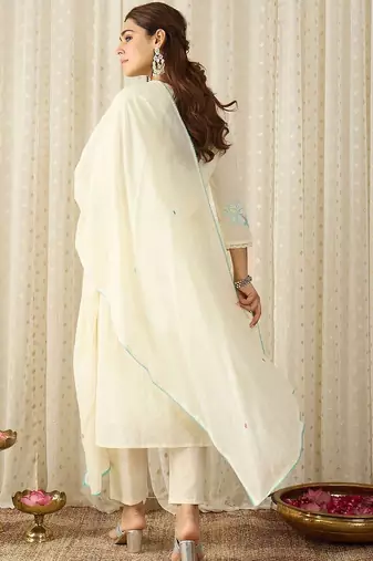 Women Floral Embroidered Regular Thread Work Pure Cotton Kurta with Trousers & With Dupatta