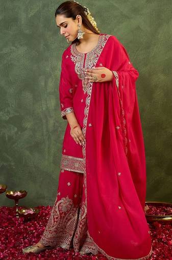 Women Ethnic Motifs Embroidered Regular Kurta with Sharara & With Dupatta