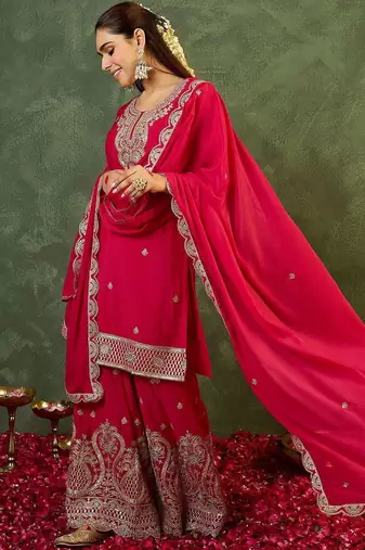 Women Ethnic Motifs Embroidered Regular Kurta with Sharara & With Dupatta