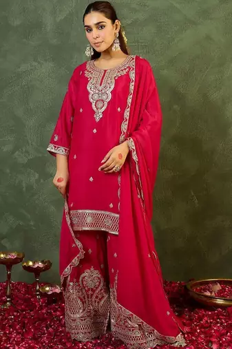 Women Ethnic Motifs Embroidered Regular Kurta with Sharara & With Dupatta