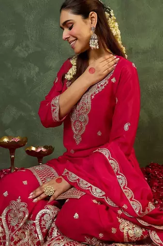 Women Ethnic Motifs Embroidered Regular Kurta with Sharara & With Dupatta