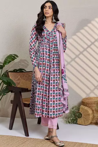 Women Floral Printed Empire Pure Cotton Kurta with Trousers & With Dupatta