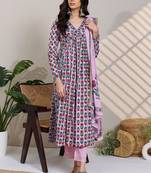Women Floral Printed Empire  Cotton Kurta with Trousers & With Dupatta