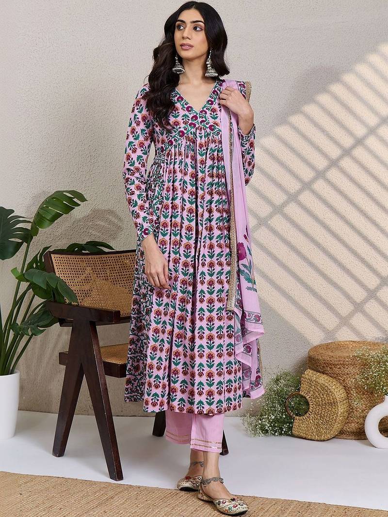 Women Floral Printed Empire Pure Cotton Kurta with Trousers & With Dupatta