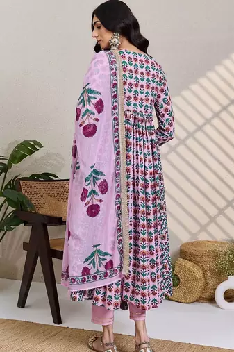 Women Floral Printed Empire Pure Cotton Kurta with Trousers & With Dupatta
