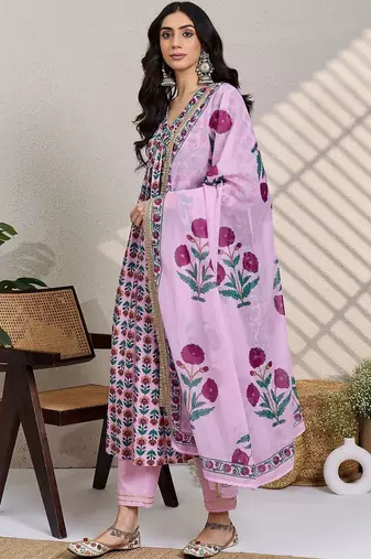 Women Floral Printed Empire Pure Cotton Kurta with Trousers & With Dupatta