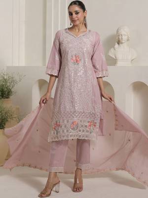 Women Floral Embroidered Regular Thread Work Pure Cotton Kurta with Trousers & With Dupatta 1