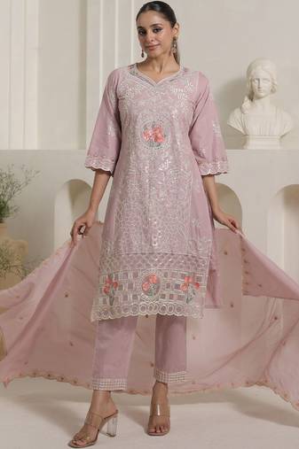 Women Floral Embroidered Regular Thread Work  Cotton Kurta with Trousers & With Dupatta