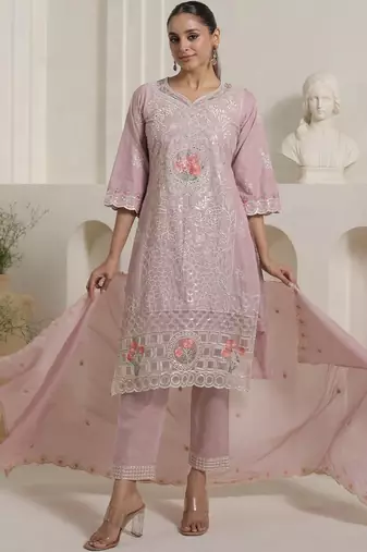 Women Floral Embroidered Regular Thread Work Pure Cotton Kurta with Trousers & With Dupatta
