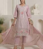 Women Floral Embroidered Regular Thread Work Pure Cotton Kurta with Trousers & With Dupatta