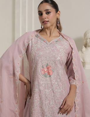 Women Floral Embroidered Regular Thread Work Pure Cotton Kurta with Trousers & With Dupatta 2