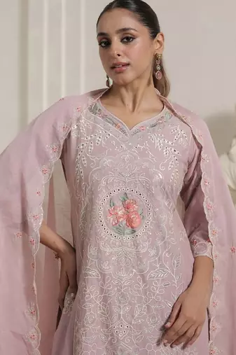 Women Floral Embroidered Regular Thread Work Pure Cotton Kurta with Trousers & With Dupatta