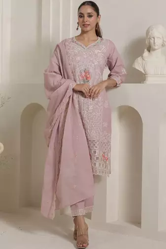 Women Floral Embroidered Regular Thread Work Pure Cotton Kurta with Trousers & With Dupatta