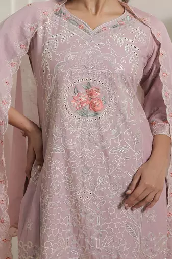 Women Floral Embroidered Regular Thread Work Pure Cotton Kurta with Trousers & With Dupatta