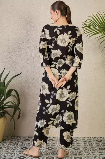 Women Floral Printed Regular Thread Work Pure Cotton Kurta with Trousers