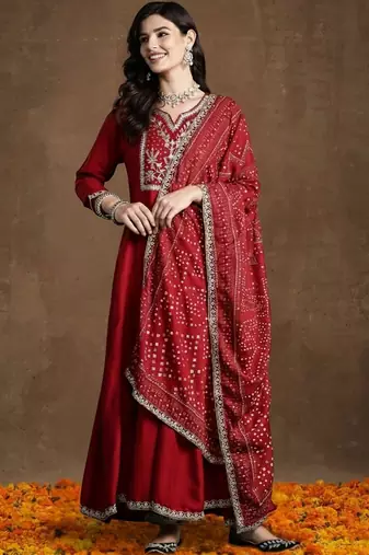 Women Ethnic Motifs Embroidered Panelled Thread Work Kurta with Trousers & With Dupatta